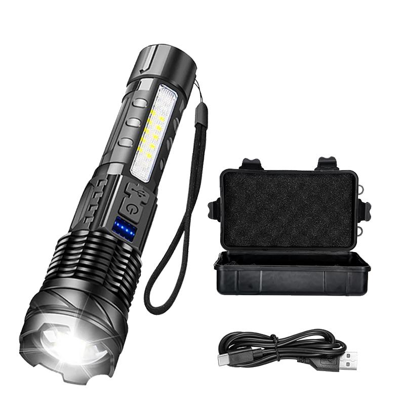 XHP50 High Power LED Flashlight Tactical COB Side Light Zoomable Torch Spotlight Rechargeable Waterproof Self-defense Flashlight