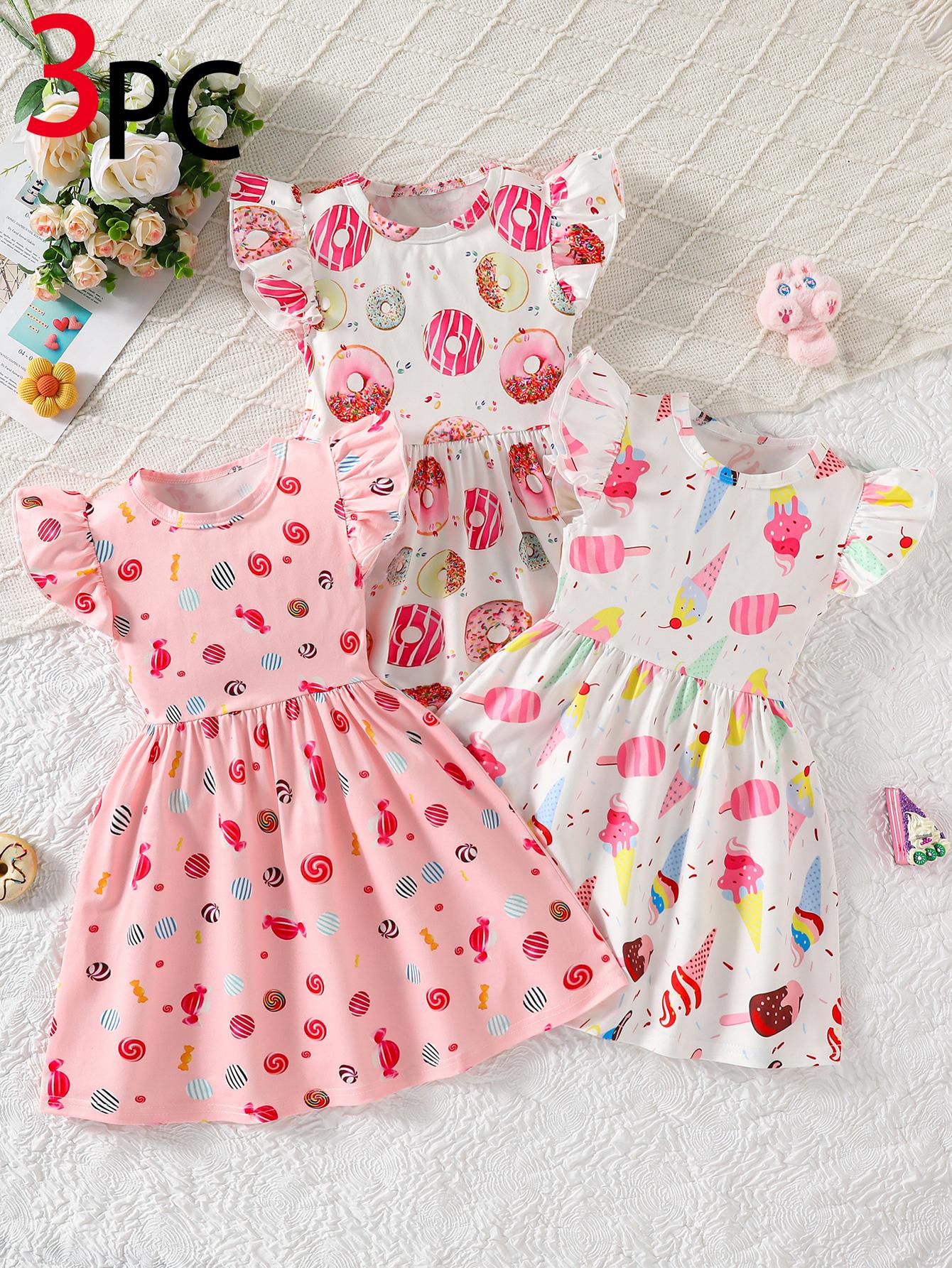 

3pcs Young Girl s Casual and Cute Dessert Series Ice Cream & Candy & Donut Bread All-over Print Round Neck Short Sleeve Dress Spring/Summer 4Y разноцветный