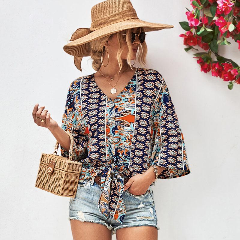 

Женская летняя повязка с коротким рукавом и V-образным вырезом в стиле ретро с принтом, блузка, топ XL