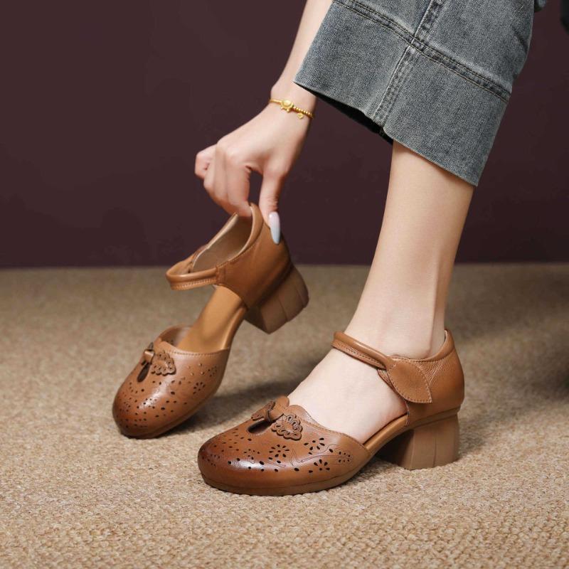National retro style Baotou Baotou sandals new summer first-layer cowhide thick heel soft sole versatile cheongsam shoes