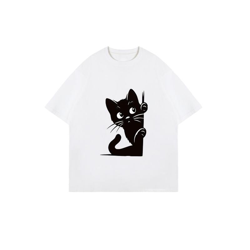 Black Oversized T Shirt With Cute Cat Print For Casual Wear And Everyday Style