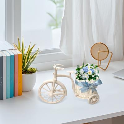 Small Rattan Flower Basket Tricycle Flower Holder Basket Woven Storage Basket for Artificial Flowers Home Desktop Decoration