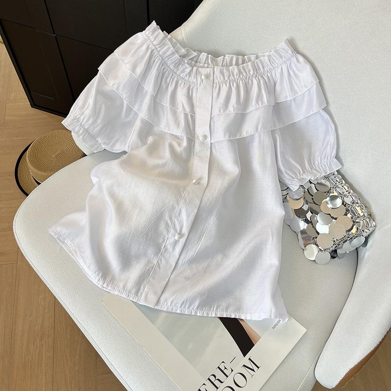 

Блузка с воротником-стойкой, универсальная, женская, новая летняя модель 2025 года, тонкая, красивая, с шикарным верхом на плечах XXXL [Recommended 138-75kg] белый