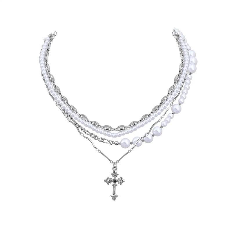 Unordered Pearl Cross Necklace With Handcrafted Alloy Chain For Unisex Fashion Accessory