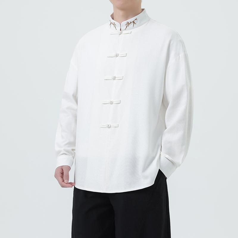2025 Autumn Men Chinese Style Bamboo Embroidery Shirt Men Long Sleeve Loose Lazy White Shirts Men Cotton Linen Hanfu Tops