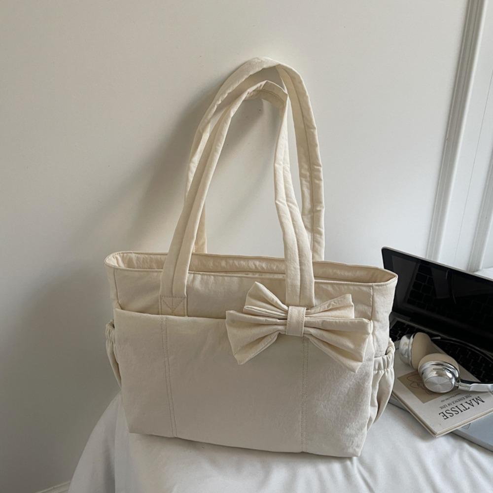 Large Capacity Cotton Padded Shoulder Bag Solid Color Nylon Handbag Bow Tote Bag  Travel Bag