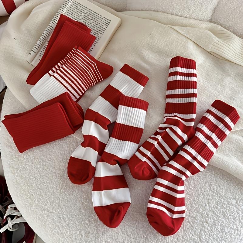 5 Pares de Calcetines Festivos a Rayas Rojas hasta la Rodilla, Tejido Térmico Cómodo, Lavables a Máquina, para Parejas