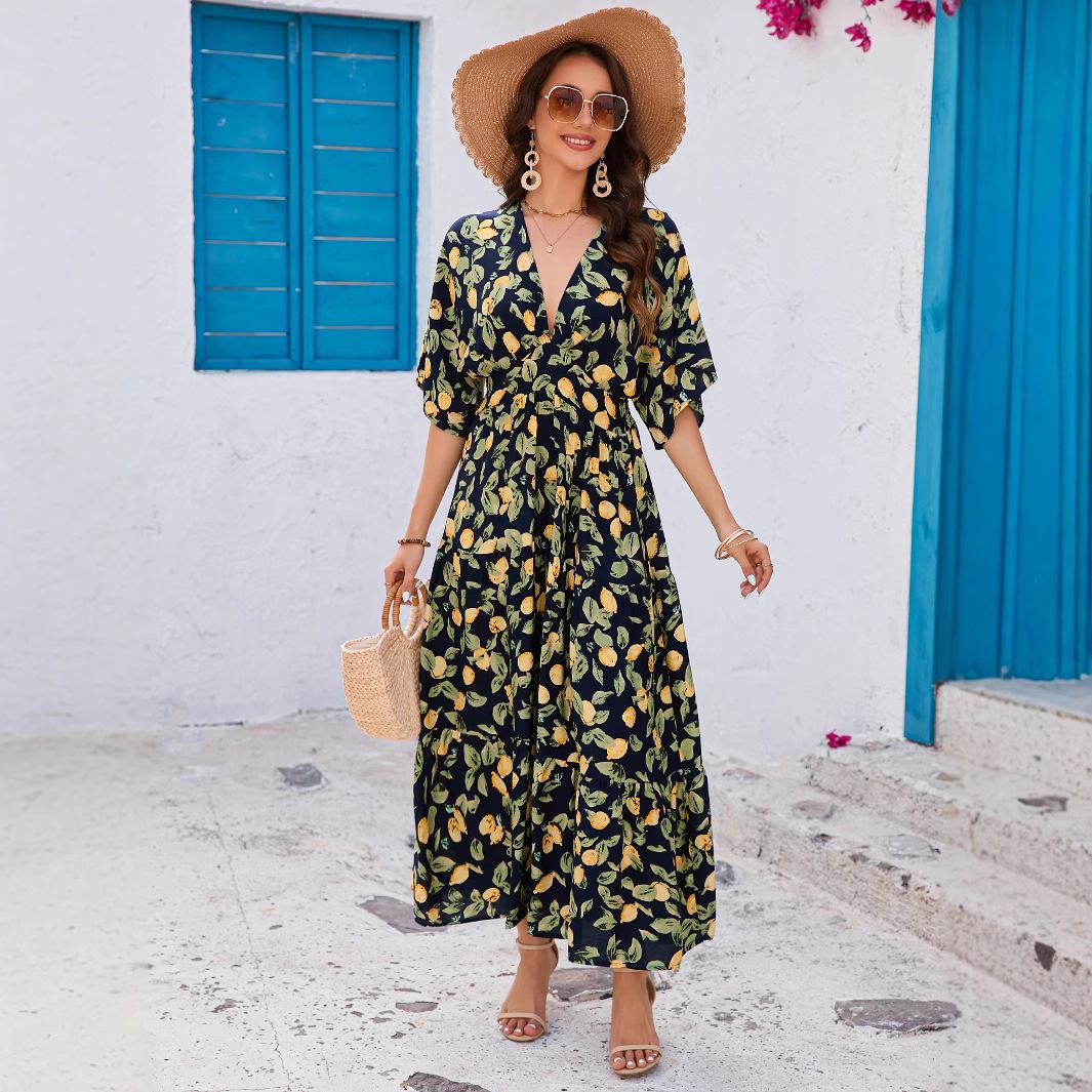 

Omen Navy Blue Lemon Print V Neck Batwing Sleeve Tiered Maxi Dress S зелений