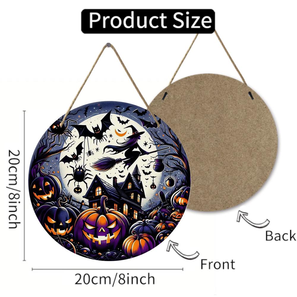 Spooky witch pumpkin haunted house Round Wooden Hanging Plaque wall art home decor porch front door sign Halloween party ornament supplies