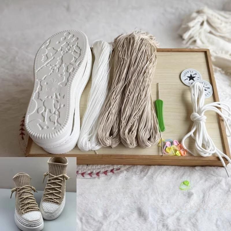 Ręcznie tkane letnie podeszwy haczykowe Podeszwy antypoślizgowe z gumy + pusta linia Ręcznie robione na drutach kapcie Krótkie buty DIY Buty szydełkowe Materiał