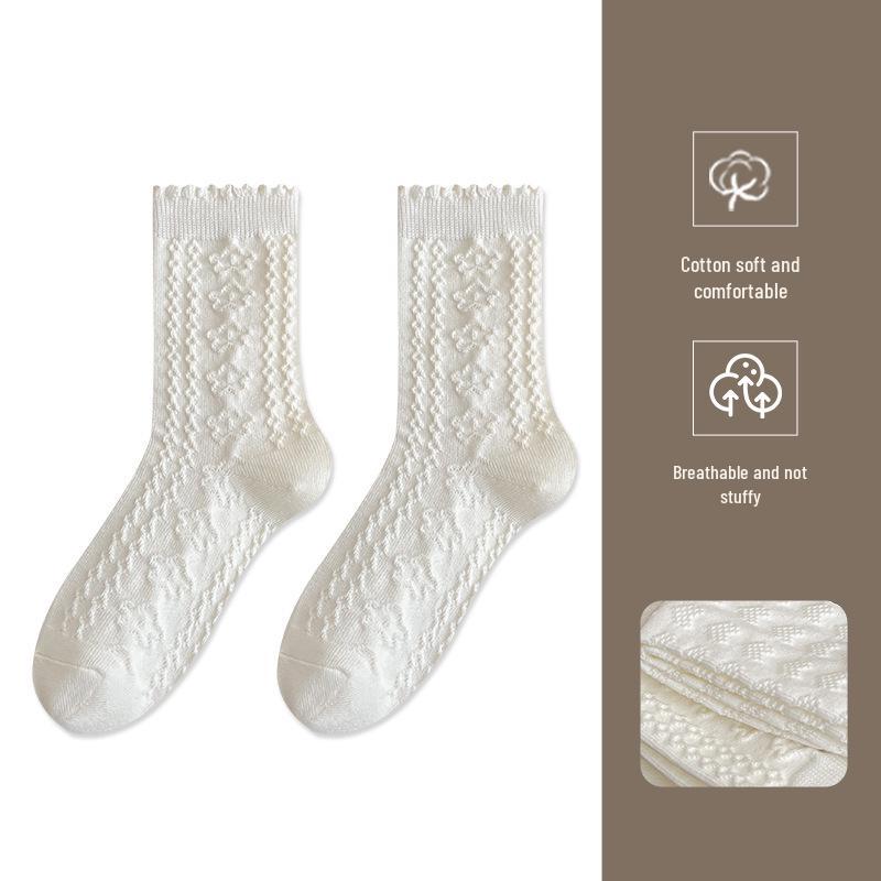 Weiße Spitzen-Knöchelsocken für Damen - Wadenhoch, Ohne Naht, Dunkles Muster, Herbst/Winter, Lolita-Stil, Japanische JK-Schülerin.