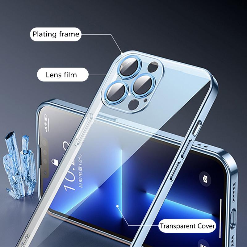 Plating Frame With Lens Protection Film Clear Phone Case For Iphone 14 13 12 11 Pro Max Xs Mini Xr X 7 8 Plus Se 2022 2020 Cover