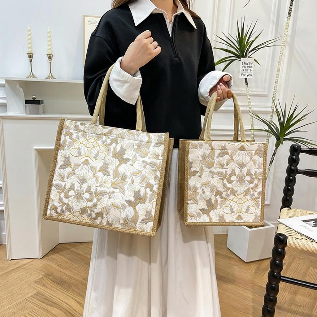 Floral Print Handbag Structured Linen Leather Tote Bag Large Capacity Tote Comfortable Urban Tote For Short Trips Work Daily