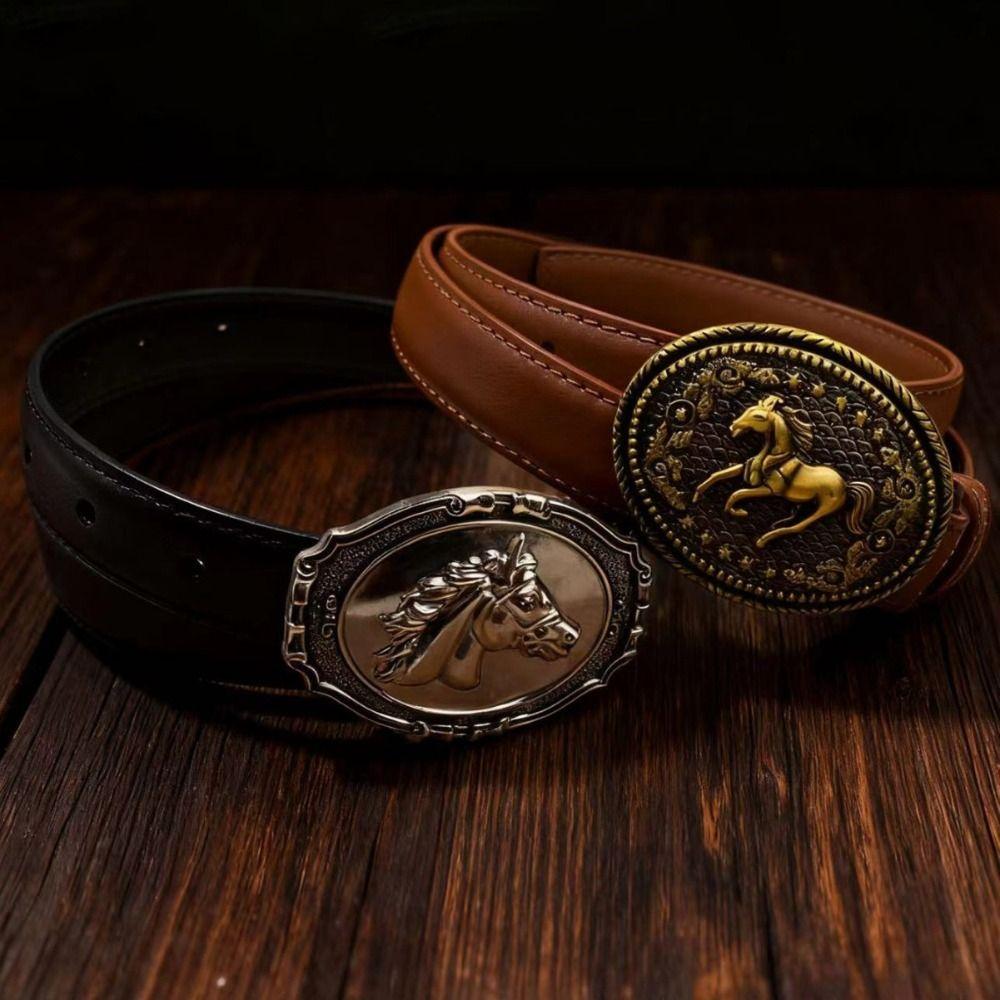 Retro PU Leather Belt Luxury Design Embossed Horse Buckle Belt Jeans Pants Belt For Women Man