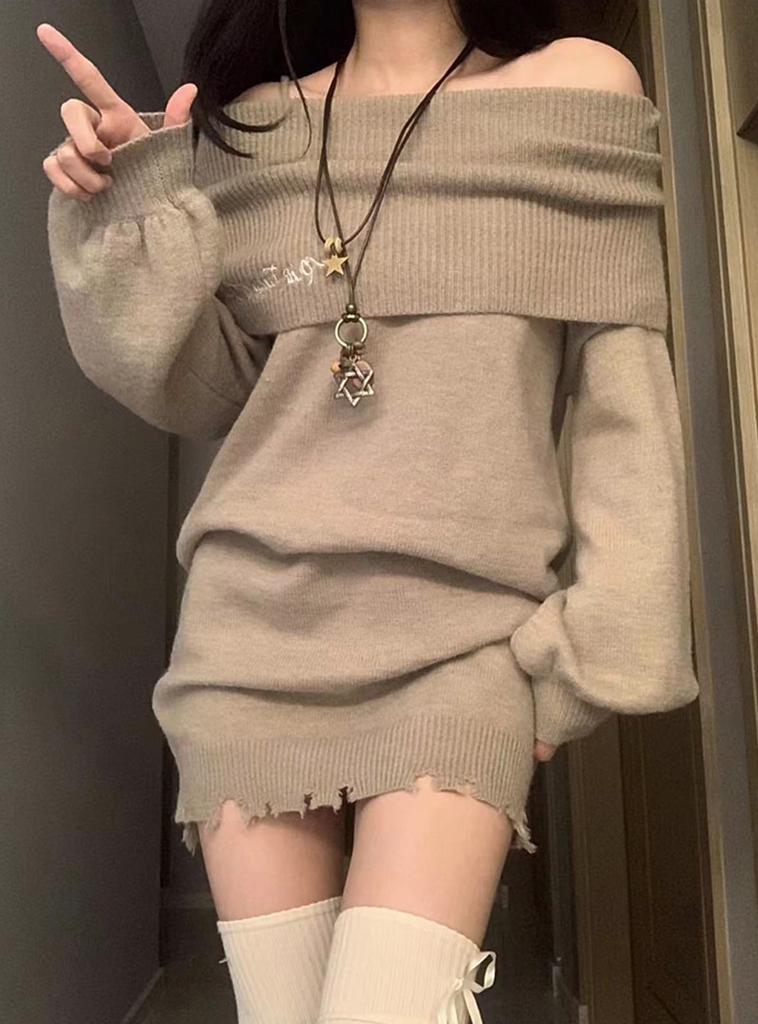 Pure desire wind one-word collar off-the-shoulder knitted dress women's autumn and winter long design sense versatile hip-wrapping skirt