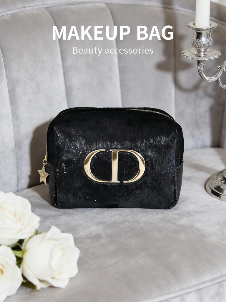Dior Black Cosmetic Bag with Gold Logo, Portable Travel Makeup Organizer