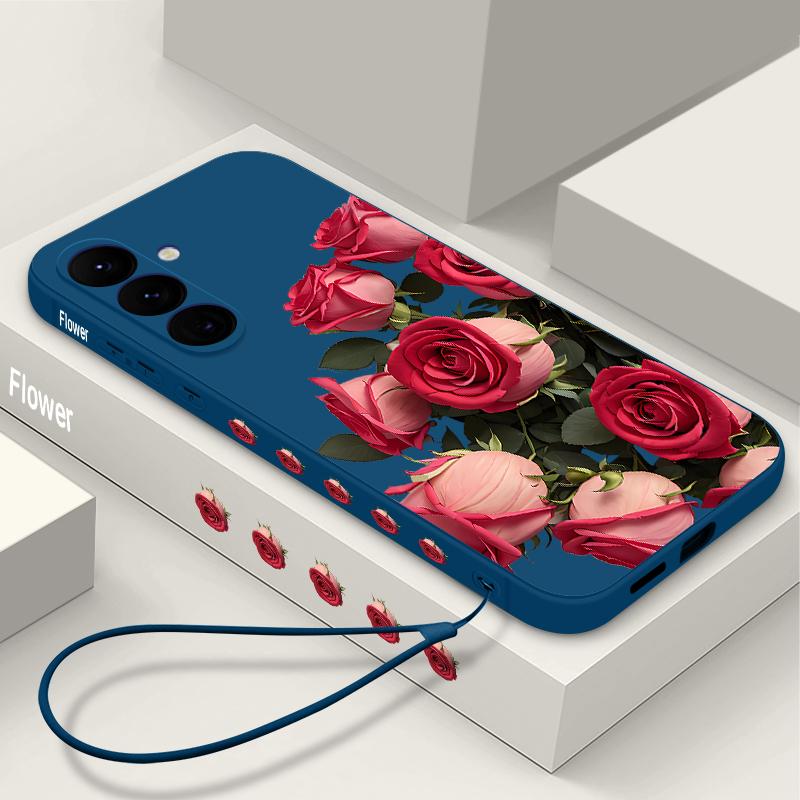 Lanyard Soft Case For Samsung Galaxy S24 S25 Ultra S23 S22 Ultra S21 S20 FE A14 A34 A15 A35 A52 A53 A54 A55 5G A16 A36 A56 Rose Flowers Case Cover