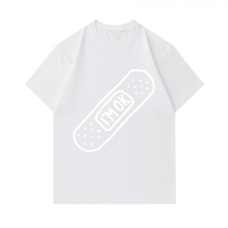 Men's 100% Cotton Crew Neck Short Sleeve T-Shirt, Casual I'm OK Bandage Printed Soft Breathable Lightweight Tee, Comfortable Daily Wear Summer Top for
