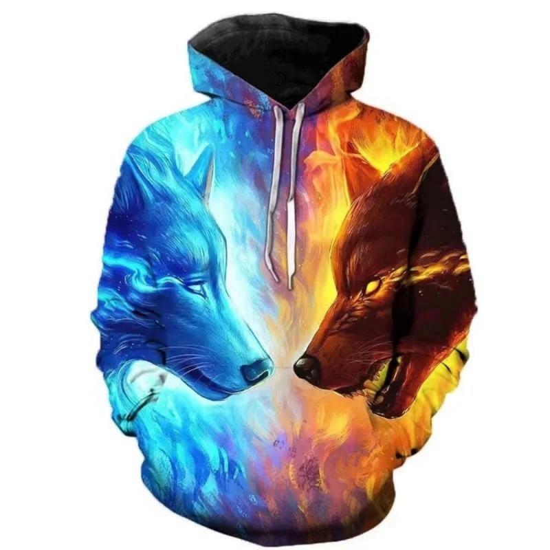 European and American men's new autumn fashion wolf print comfortable soft hooded sweatshirt outdoor street versatile top