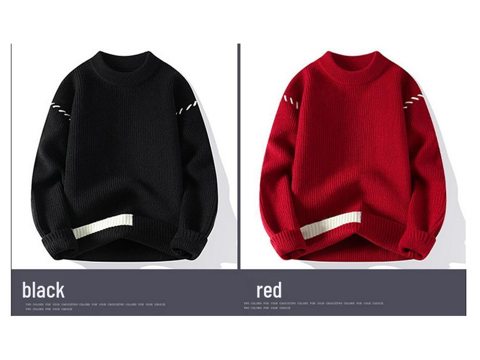 Men's Thickened Red Sweater for Autumn/Winter - Warm, Knitted, Round Neck, Trendy Base Layer