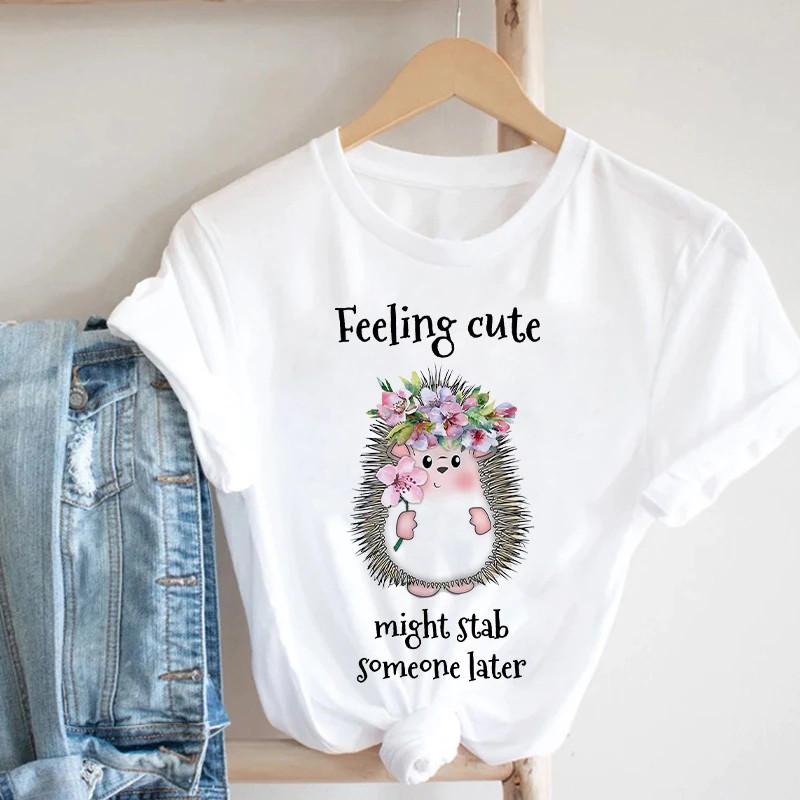 Pink Women Tshirts Casual Cute Cartoon Hedgehog Floral Graphic Print Female Tee Tops Harajuku Fashion Short Sleeve T Shirt Femme