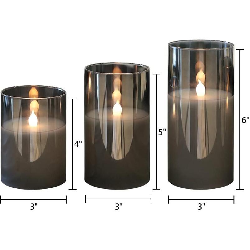 GenSwin Gray Glass Flameless Led Candles Battery Operated with Timer and 10-Key Remote, Real Wax Warm Light Candles Flickering for Wedding Festival
