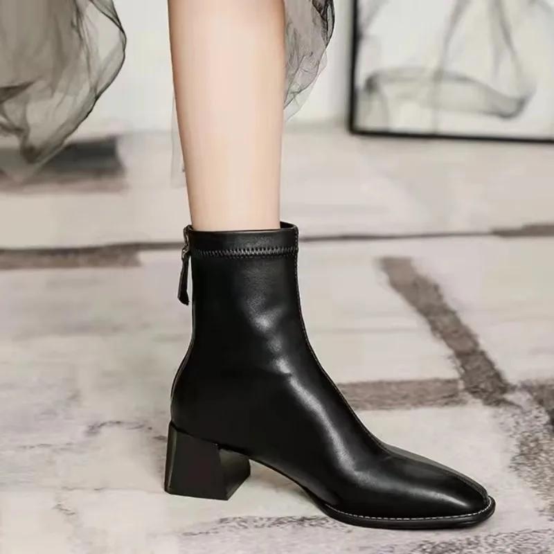 Women Outdoor Square Toe Ankle Boots Women Comfortable Fashion Designer Shoes Mid Heels Zipper Boots Big Size Shoes For Women