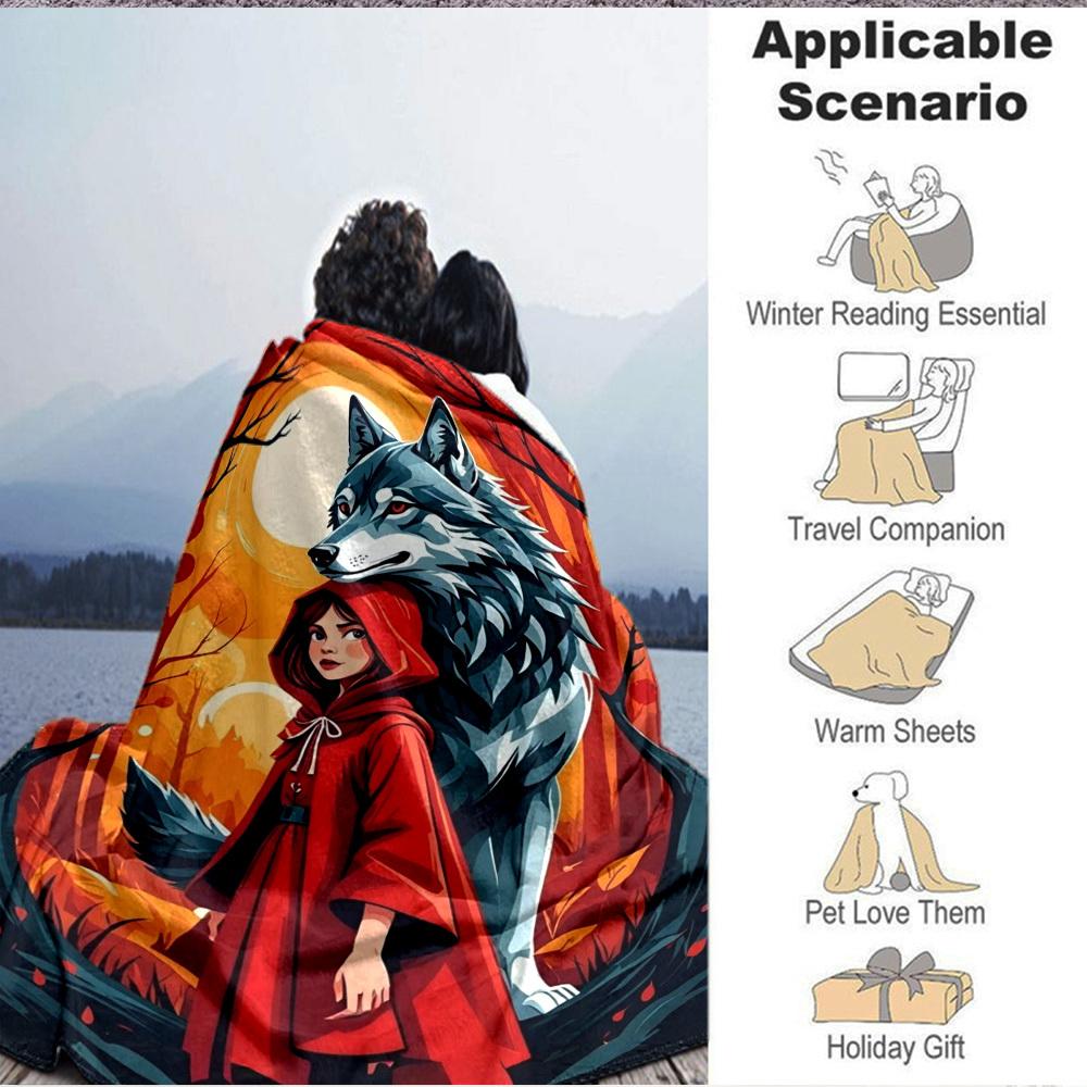 1pc Wolf and Red Hood Blanket - Lightweight Flannel Fleece with Digital Printing, Soft Warm for Sofa, Travel, Camping, Office yy251018294