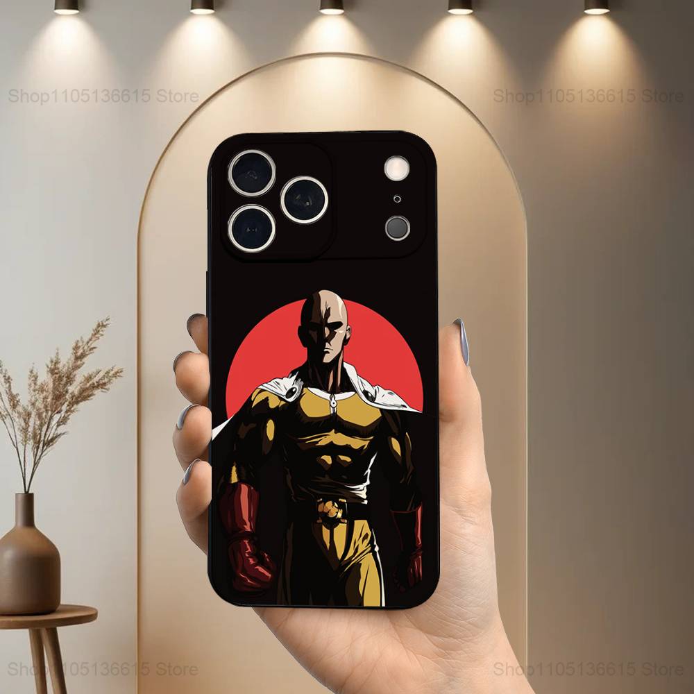 O-One P-Punch Anime Man Phone Case For iPhone 17,16,15,14,13,12,11 Plus,Pro Max,XS,X,XR,SE,Mini,8,7,Soft Silicone Black Cover