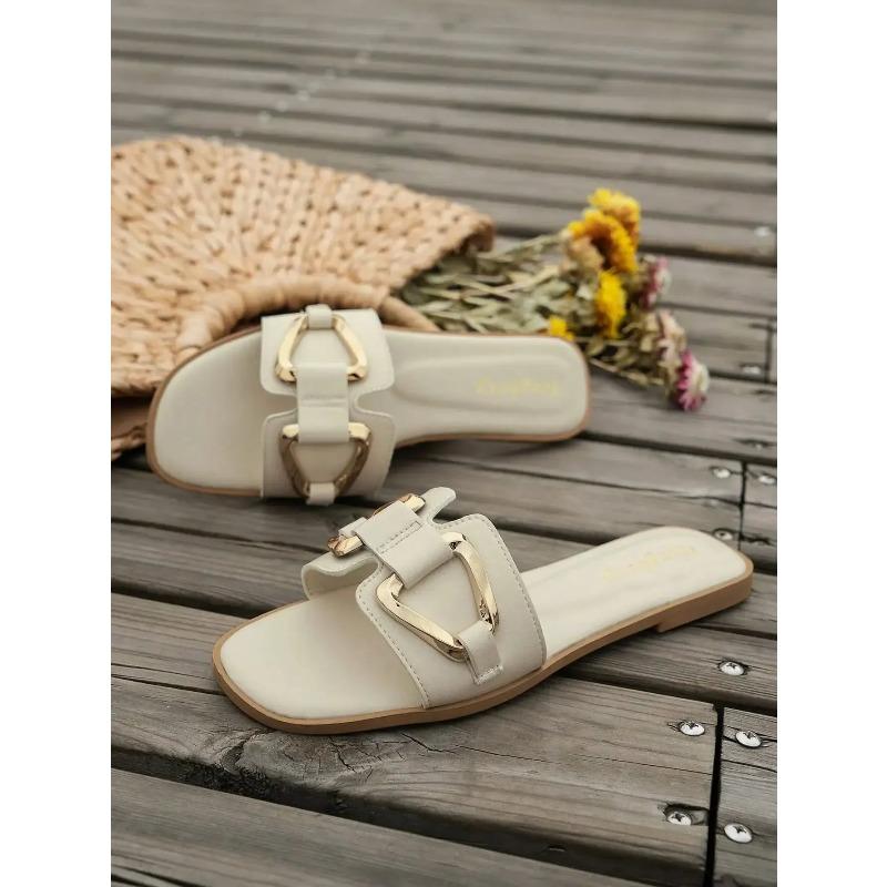 Women Metal Decor Single Flat Sandals Fashion Sexy Open Toe Outdoors Slides Luxurious Office Ladies Party Shoes