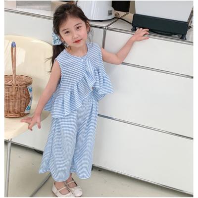 Girls Summer Thin Plaid Suit In Small Children Design Personality Top + Loose Pants Fresh Cute Two-piece Set