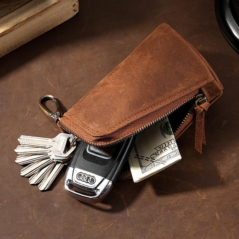 Carabiner-Attachable Crazy Horse Leather Key Pouch, Vintage Bucket Zipper Key Holder, Bag-Mountable Key Organizer Wallet Unisex