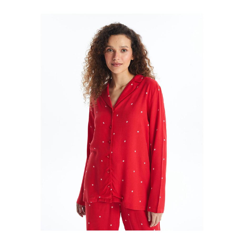 Eco Red Printed Shirt Collar New Year Themed Women's Pajama Set
