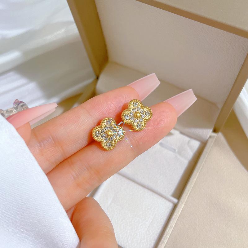 Full Diamond Lucky Grass Minimalist Stud Earrings Cold Men'S And Women'S Earrings Personality Temperament Banquet Earrings