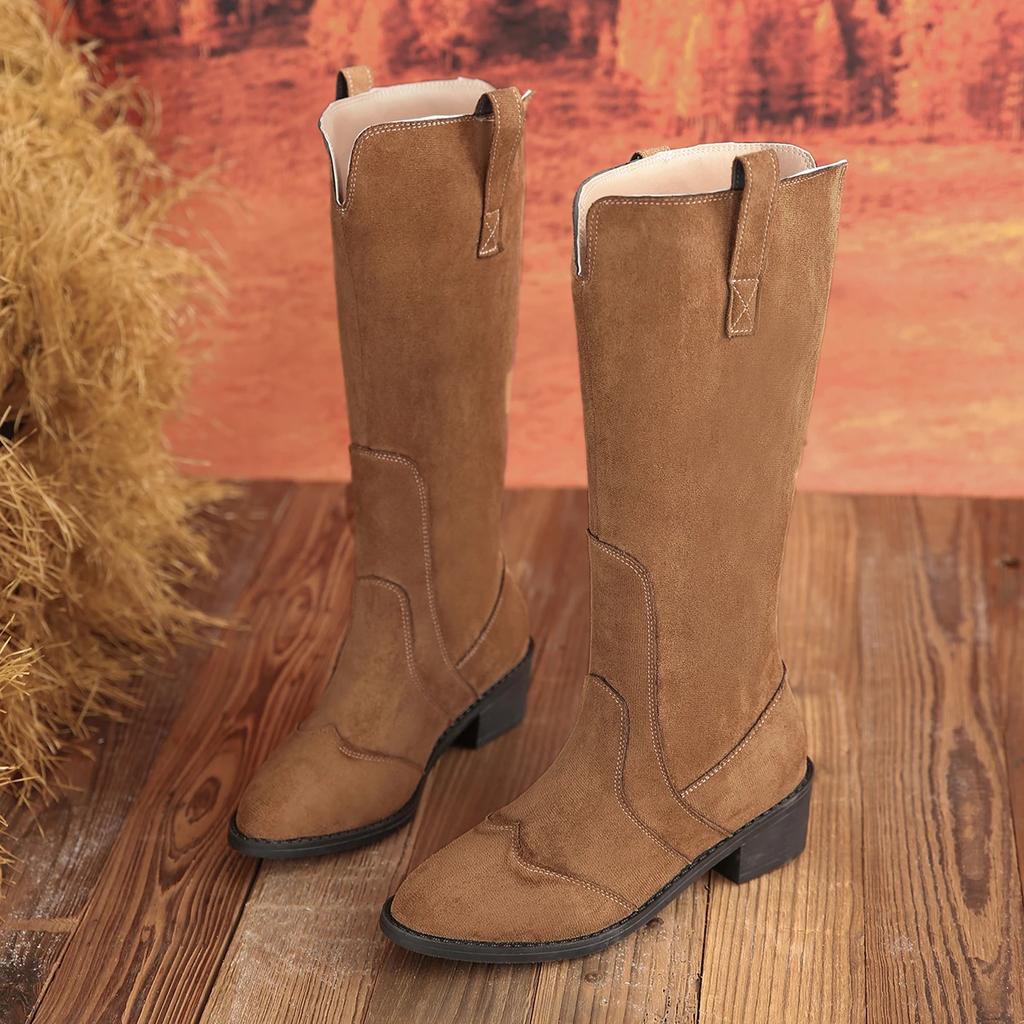 2024 Winter Belt Buckle Shoes for Female Side Zip Women's Knee-High Boots Low Heel Women's Shoes Plus Size Hot Sale Ladies Boots