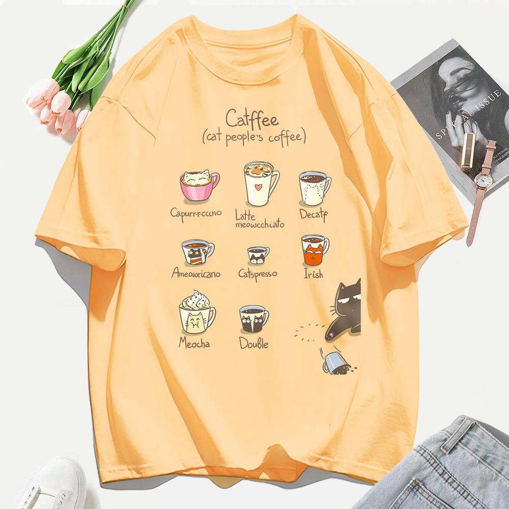 Cat People'S Coffee Illustration Printing T-Shirt Woman Summer Cotton T Shirts Y2K Soft Comfortable Top Unisex Hip Hop Clothes