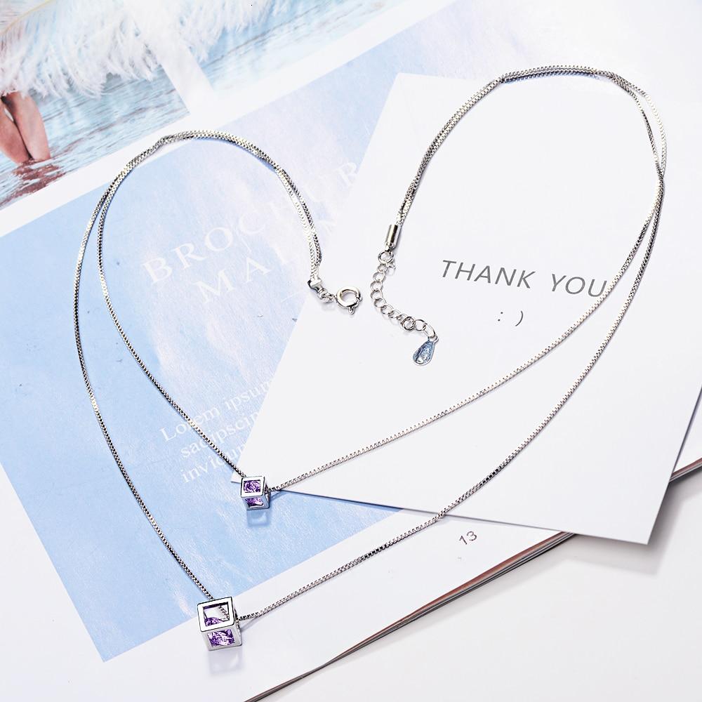 925 Sterling Silver Square Cube Zirconia Choker Statement Necklace For Women Double Layer Pendants & Necklaces S-n209