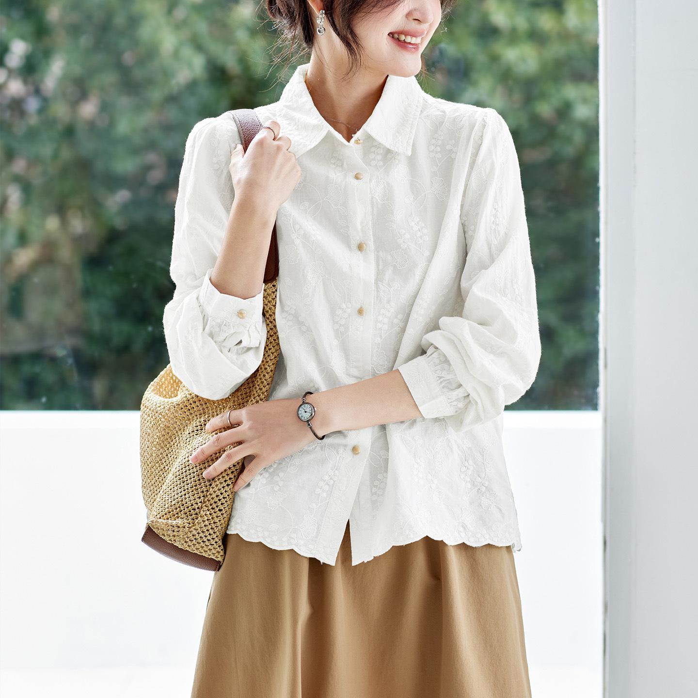 Women s Apricot Embroidered Long Sleeve Cotton Shirt - 2026 New Chinese National Style Top XXL белый