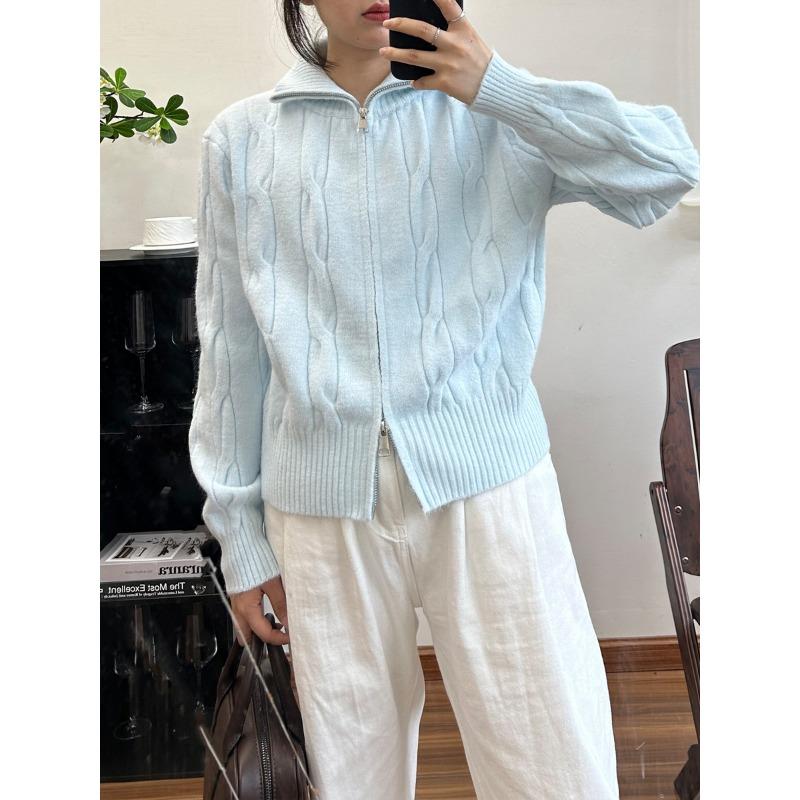 Autumn Winter Stand Collar Fried Dough Twist Zipper Knitting Coat Women Casual Fashion Cardigan Sweater Top