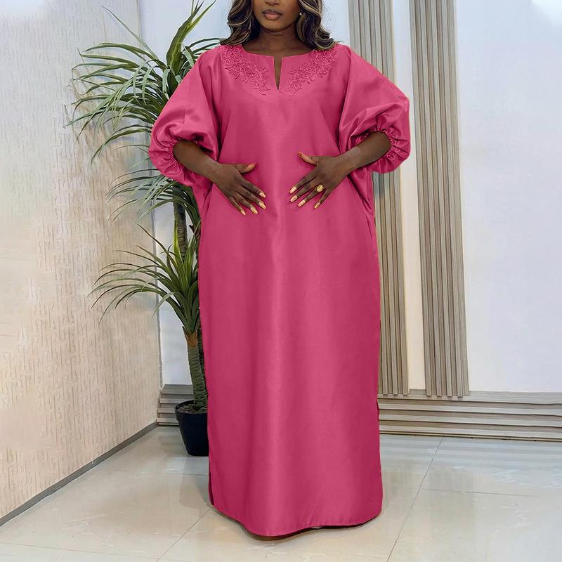 Oversized Women Puff Sleeve Embroidery Patchwork Casual Loose Maxi Kaftan Dress