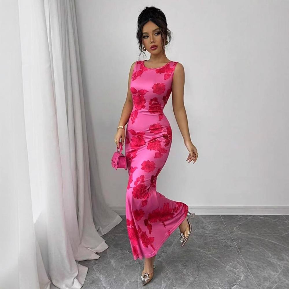 Seitlich geschlitztes sexy rückenfreies Blumenkleid für Damen Tiefer U-Ausschnitt Ärmellos Hohe Taille Lange Kleider Femme Bodycon Mode Party Abend Elegantes Kleid Dame