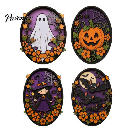 Festive Halloween Wall Accents Oval Sign, Layered Wooden Decor Cute Ghost Bat Spooky Home Decorations Pumpkin Witch Designs, Art Decoration
