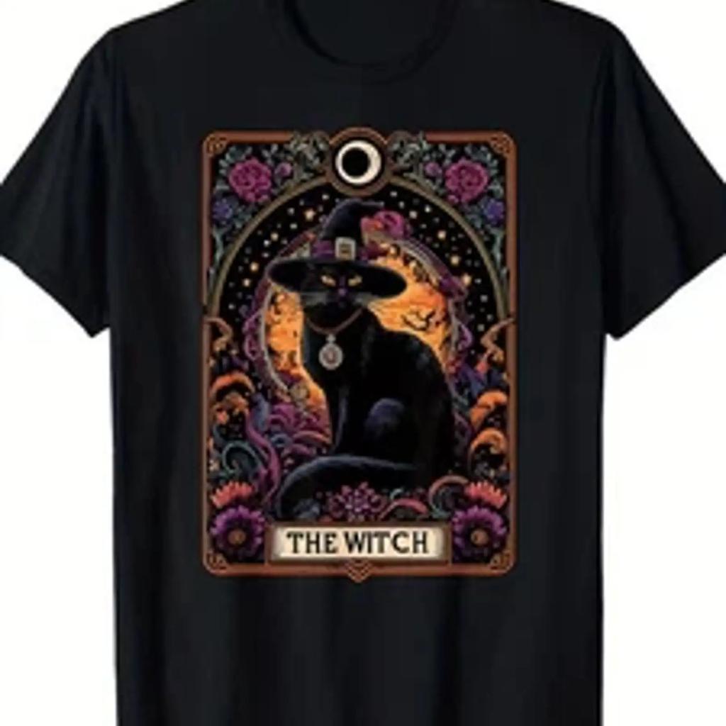 The Witch Cat Tarot Card Halloween Vintage Gothic T Shirt 100 Cotton 220g Vintage Stretched Graphic Slightly Breathable