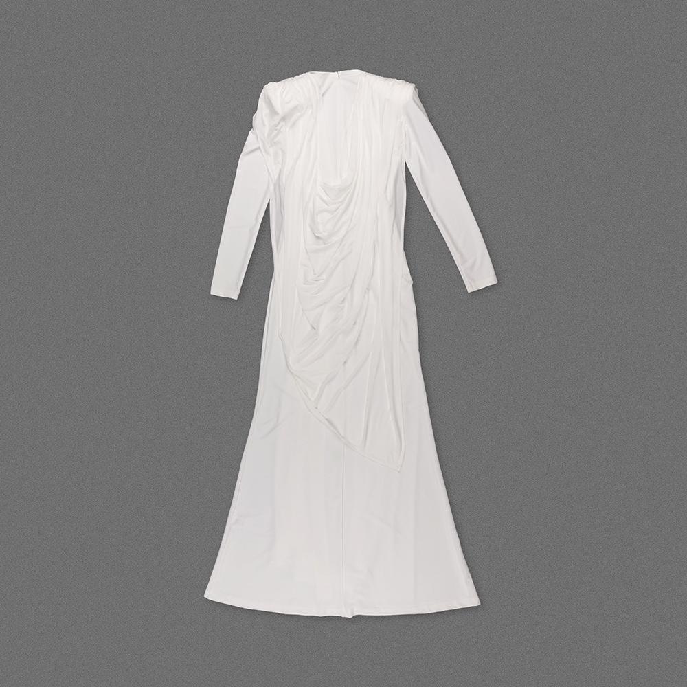 White High-Neck Long-Sleeve Formal Dress with Artistic Chest Decoration