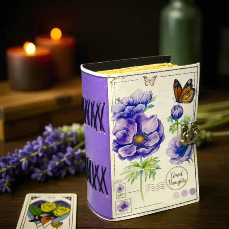 Lavender Floral Leather Journal | “Good Thoughts” Handmade Diary 5×7" | 200 Deckle Edge Pages | Butterfly Botanical Art Notebook with Lock