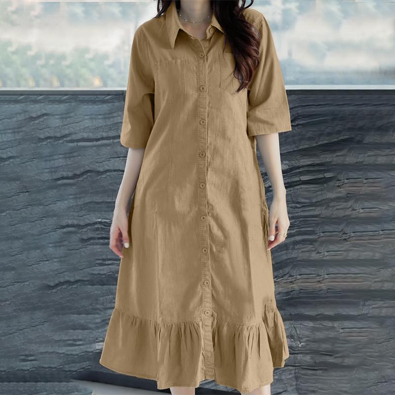 

ZANZEA Женское повседневное платье-рубашка с отложным воротником, свободное, с рукавами три четверти 5XL хаки