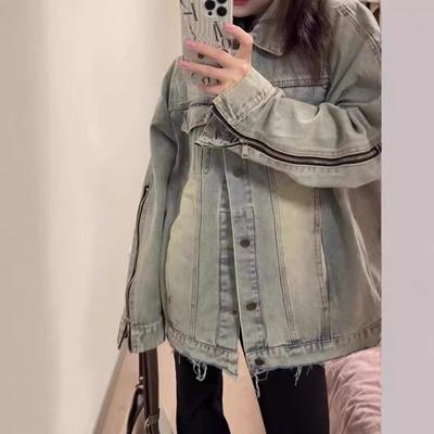 Amerikanische Retro Langarm Jeansjacke Damen Frühling Locker und Dünn Vielseitig Gewaschen Old Top