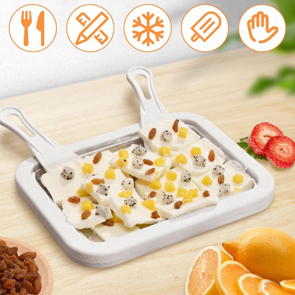 Ice Cream Maker Pan with 2 Scrapers Multifunctional Food Plate Durable Rolled Homemade Rolled Cream Frozen Yogurt Gelato