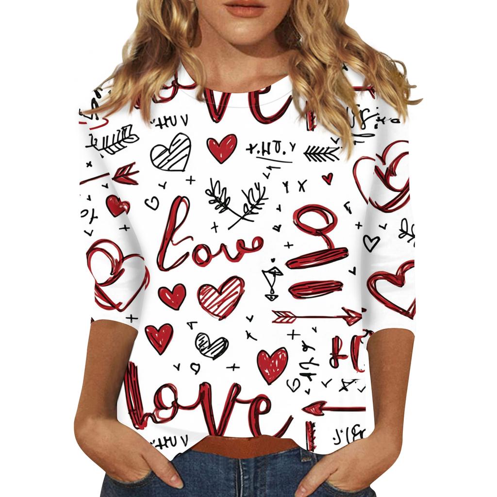 Women's Fashionable Casual Three,quarter Sleeve Heart,shaped Printed Round,neck Top