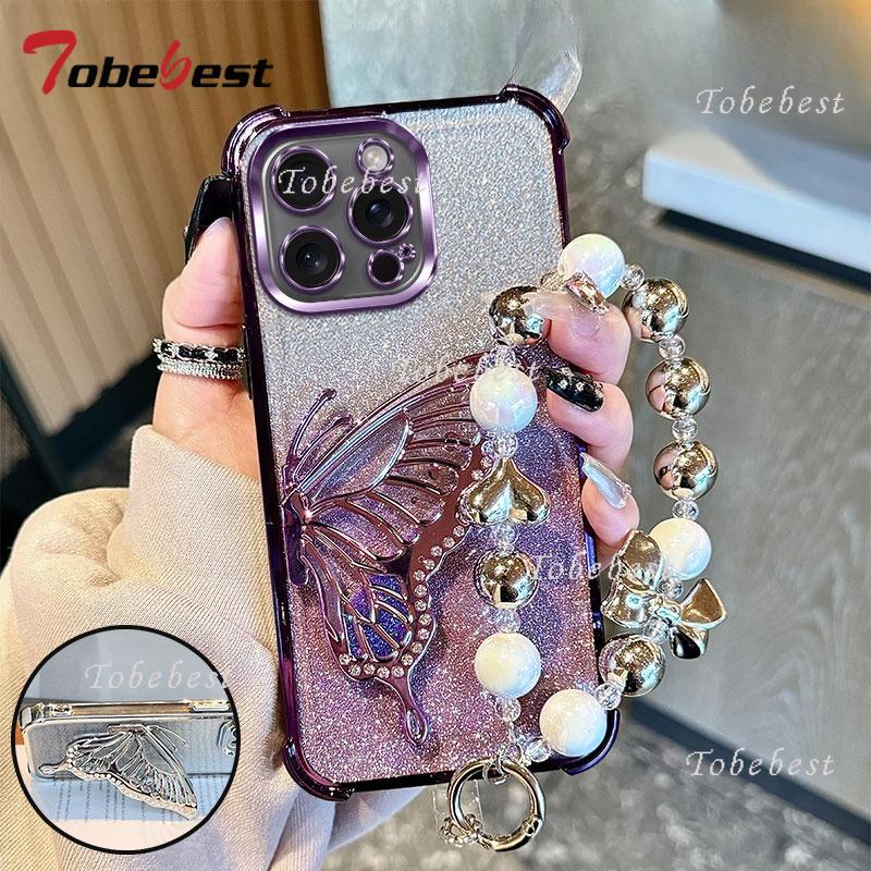 

Glitter Shockproof Plating Quicksand Butterfly Bracelet Case for iPhone 17 Air 16 16E 15 14 Plus 13 12 Mini 11 Pro XS Max Cover iPhone17 Pro Max фіолетовий
